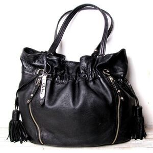 LARGE Cole Haan BLACK GENUINE LEATHER TASSELS TOTE SHOULDER BAG HANDBAG PURSE